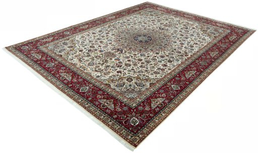 Corner detail of 2000s Tabriz 50/60/70 Raj rug showing border pattern and Cork pile