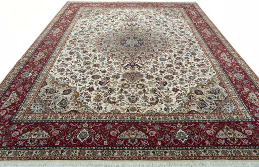 Surface texture of 2000s Tabriz 50/60/70 Raj rug with natural Cork and intricate pattern