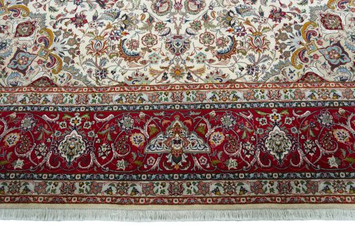 Full view of 2000s Tabriz 50/60/70 Raj rug from Iran / Persia, 405 × 303 cm in Beige tones
