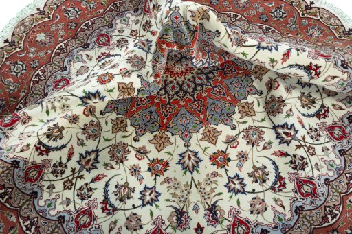Full view of 2000s Tabriz 50/60/70 Raj rug from Iran / Persia, 198 × 196 cm in Beige tones