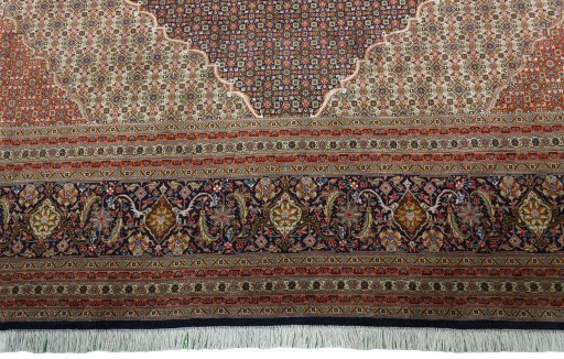 Full view of 1970s Tabriz 50/60/70 Raj rug from Iran / Persia, 401 × 298 cm in Blue tones