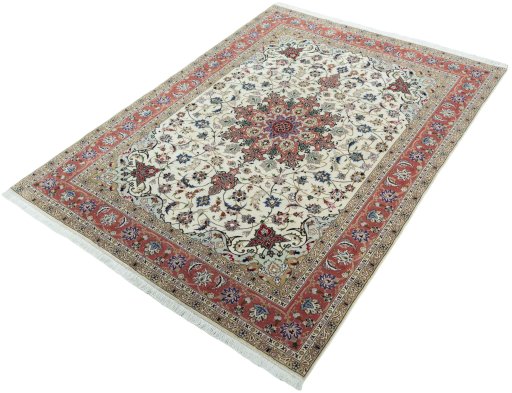 Corner detail of New Tabriz 50/60/70 Raj rug showing border pattern and Cork pile