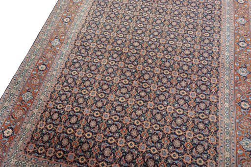 Backside of handmade New Tabriz 50/60/70 Raj rug showing knot structure and weave density