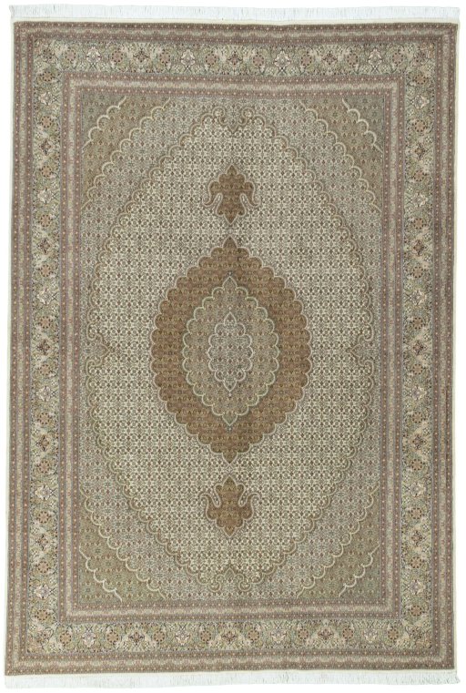Full view of New Tabriz 50/60/70 Raj rug from Iran / Persia, 252 × 174 cm in Beige tones