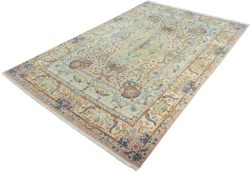 Corner detail of New Tabriz 50/60/70 Raj rug showing border pattern and Cork pile