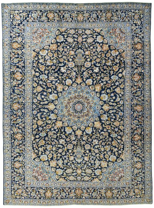 Full view of 2000s Kashan rug from Iran / Persia, 398 × 293 cm in Blue tones