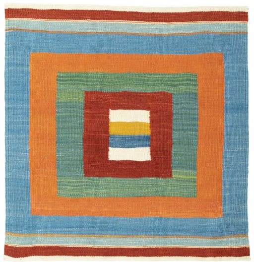 Full view of New Kilim Sofre rug from Turkey, 87 × 84 cm in Multi Color tones