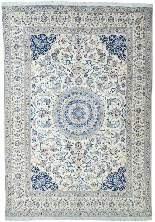 Full view of 2000s Nain rug from Iran / Persia, 490 × 344 cm in Beige tones
