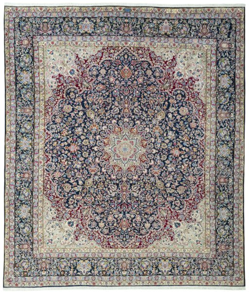 Full view of 1970s Kerman rug from Iran / Persia, 357 × 305 cm in Blue tones