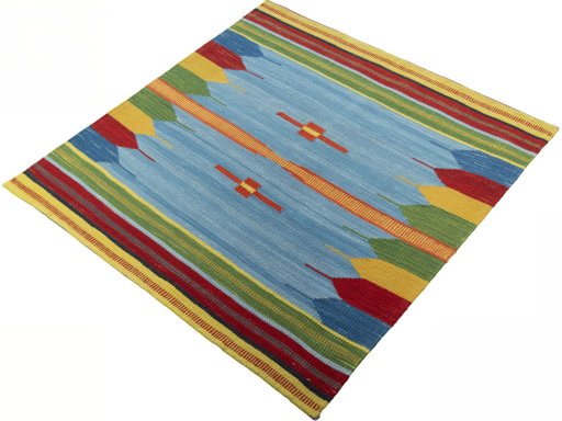 Corner detail of New Kilim Sofre rug showing border pattern and Wool pile