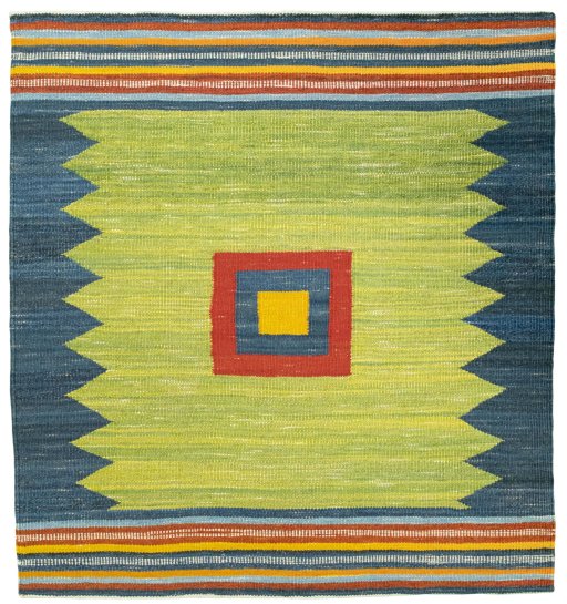 Full view of New Kilim Sofre rug from Turkey, 115 × 107 cm in Multi Color tones