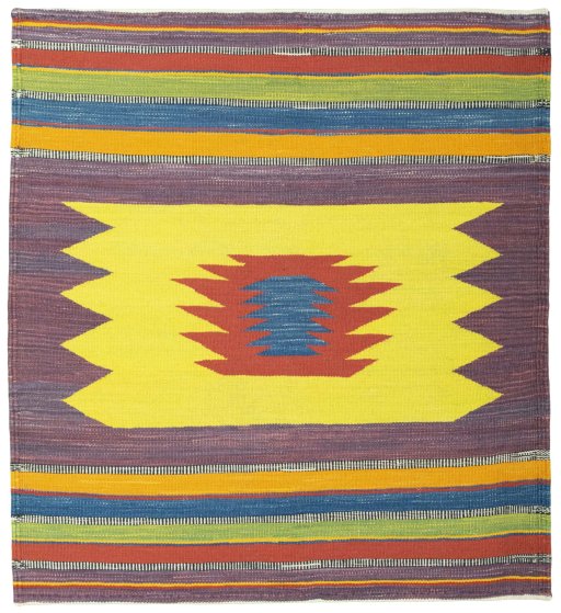 Full view of New Kilim Sofre rug from Turkey, 115 × 105 cm in Multi Color tones