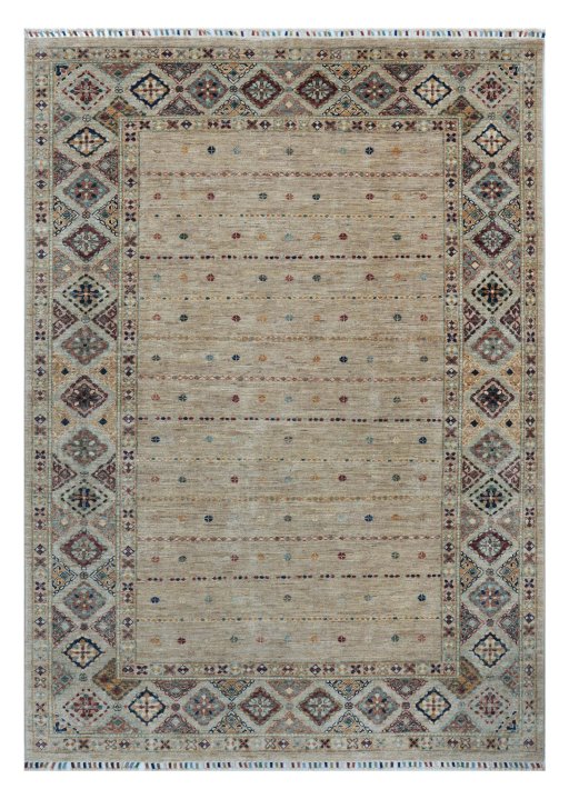Full view of New Samarkand rug from Pakistan, 236 × 169 cm in Beige tones