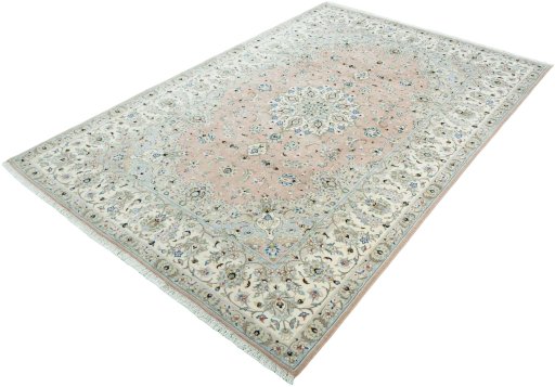 Corner detail of New Kashan rug showing border pattern and Wool pile