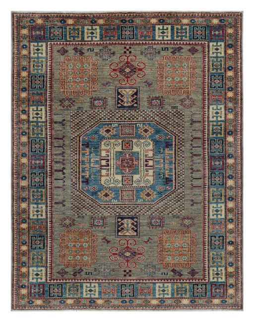 Full view of New Kazak rug from Pakistan, 195 × 147 cm in Gray tones