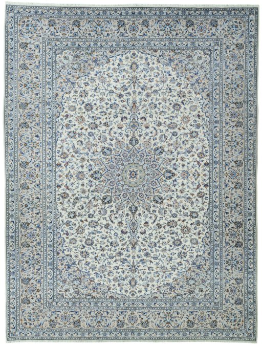 Full view of 2000s Kashan rug from Iran / Persia, 393 × 299 cm in Beige tones