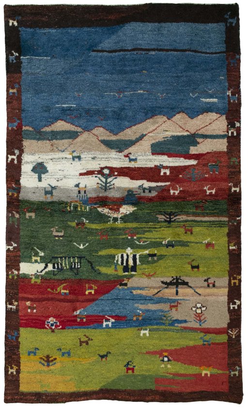 Full view of 2000s Persian Gabbeh rug from Pakistan, 186 × 111 cm in Multi Color tones