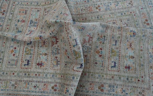 Full view of New Samarkand rug from Pakistan, 245 × 168 cm in Beige tones