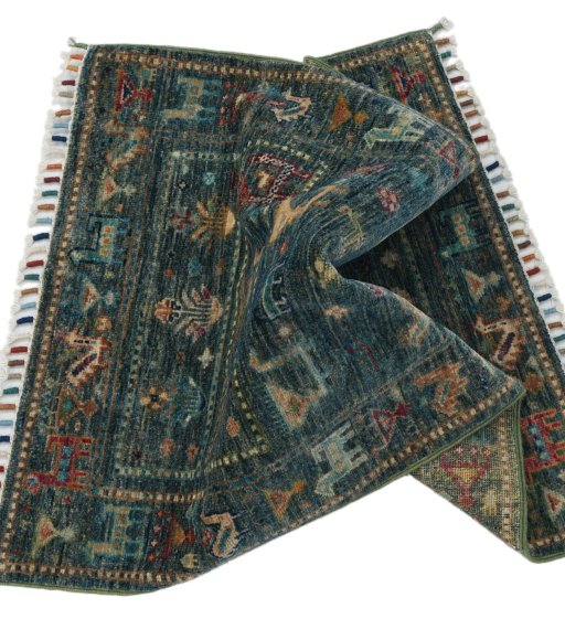 Full view of New Samarkand rug from Pakistan, 97 × 66 cm in Green tones