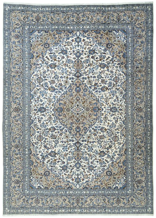 Full view of 2000s Kashan rug from Iran / Persia, 407 × 293 cm in Beige tones