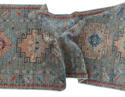Full view of New Kazak rug from Pakistan, 252 × 81 cm in Gray tones