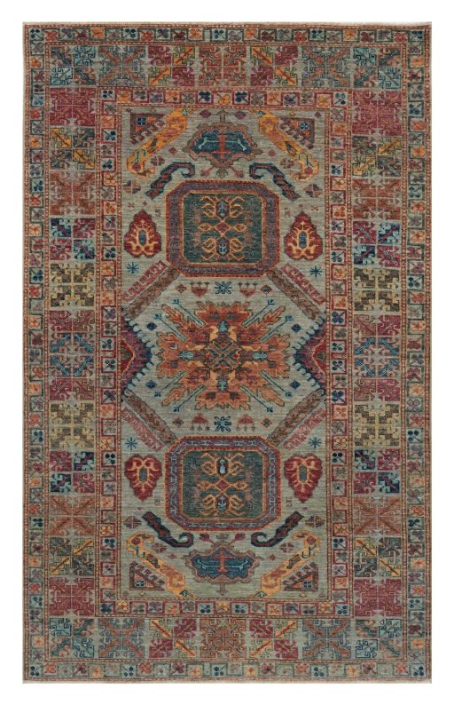Full view of New Kazak rug from Pakistan, 199 × 124 cm in Gray tones