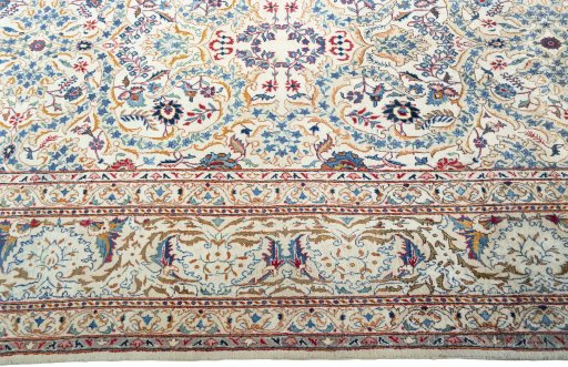 Full view of 1950s Kashan rug from Iran / Persia, 382 × 260 cm in Beige tones