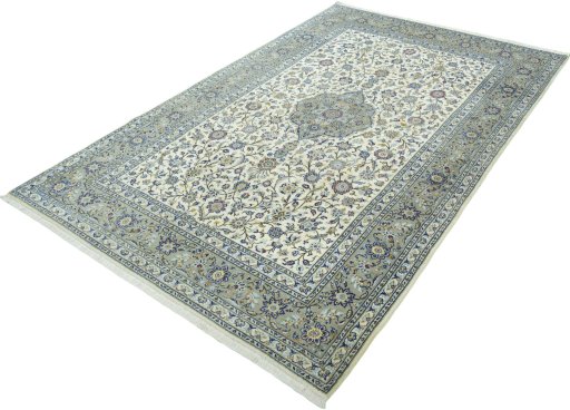 Corner detail of New Kashan rug showing border pattern and Cork pile