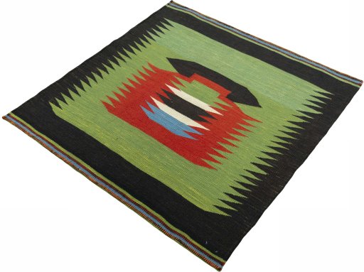 Corner detail of New Kilim Sofre rug showing border pattern and Wool pile