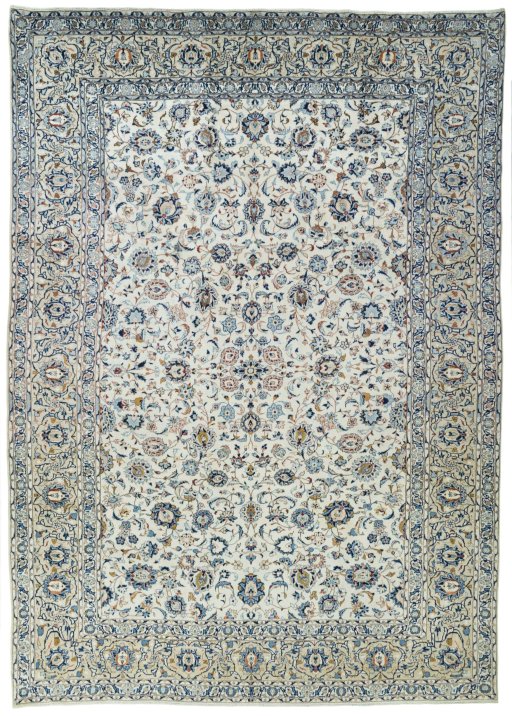 Full view of 2000s Kashan rug from Iran / Persia, 405 × 290 cm in Beige tones