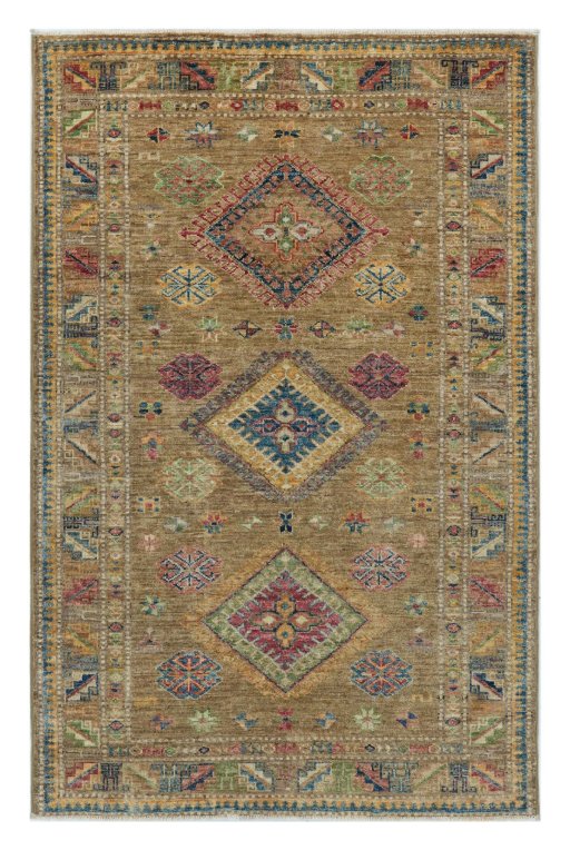 Full view of New Kazak rug from Pakistan, 159 × 103 cm in Yellow tones