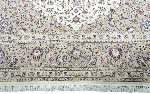 Full view of 2000s Kashan rug from Iran / Persia, 403 × 297 cm in Beige tones