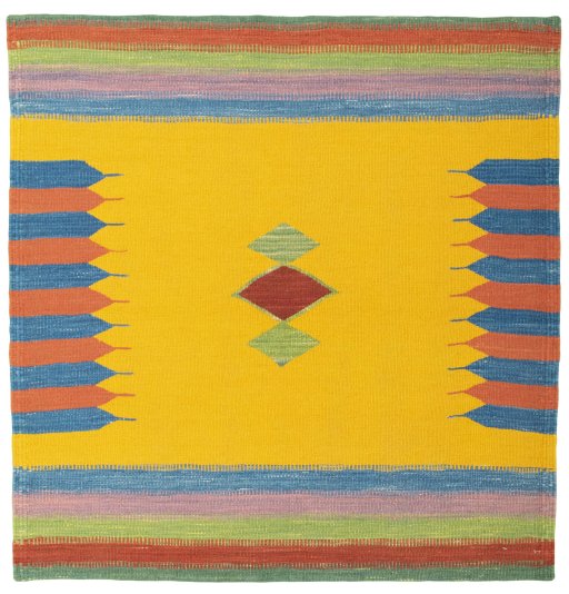 Full view of New Kilim Sofre rug from Turkey, 101 × 98 cm in Multi Color tones