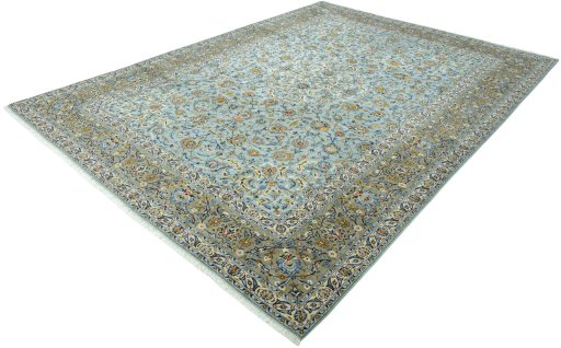 Corner detail of 2000s Kashan rug showing border pattern and Wool pile