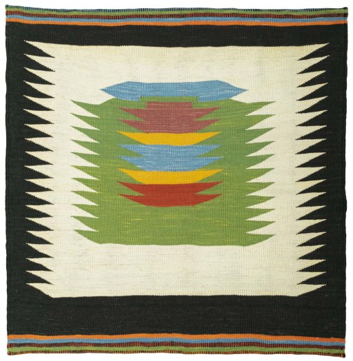 Full view of New Kilim Sofre rug from Turkey, 104 × 102 cm in Multi Color tones