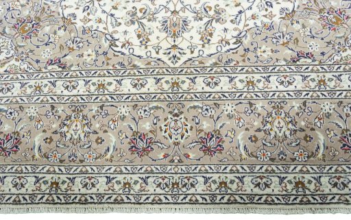 Full view of 2000s Kashan rug from Iran / Persia, 401 × 296 cm in Beige tones