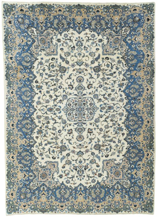 Full view of 2000s Kashan rug from Iran / Persia, 376 × 270 cm in Beige tones