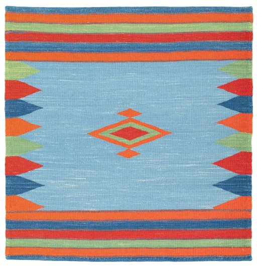 Full view of New Kilim Sofre rug from Turkey, 106 × 103 cm in Multi Color tones
