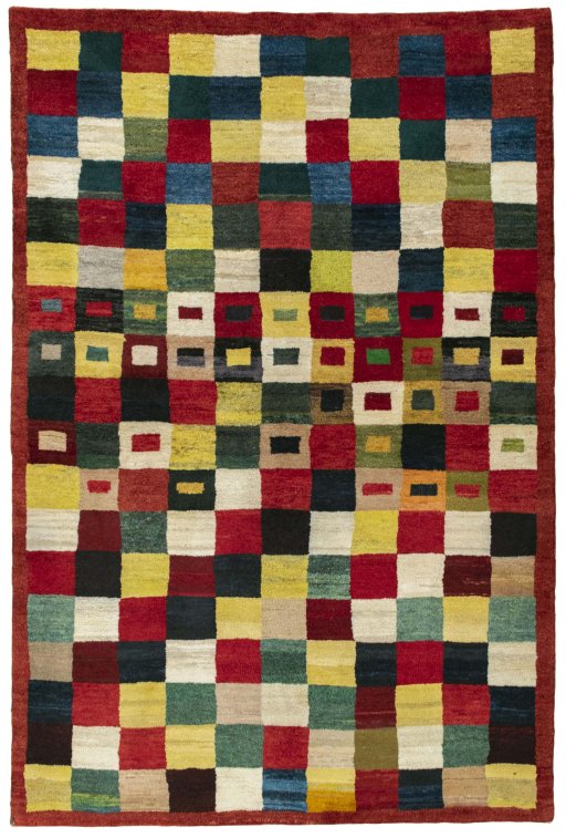 Full view of 2000s Persian Gabbeh rug from Pakistan, 226 × 153 cm in Multi Color tones