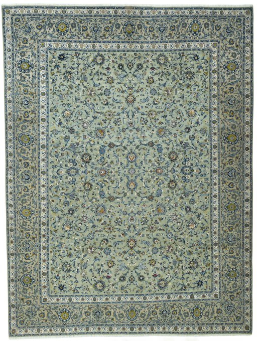 Full view of 2000s Kashan rug from Iran / Persia, 430 × 325 cm in Green tones