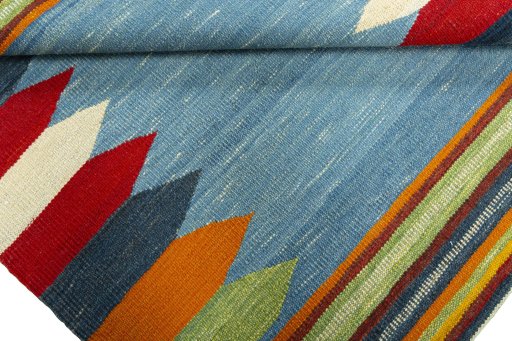 Full view of New Kilim Sofre rug from Turkey, 115 × 107 cm in Multi Color tones