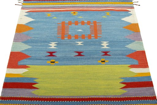 Close-up detail of New Kilim Sofre rug from Turkey showing Wool weave