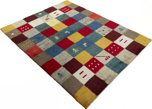 Close-up detail of 2000s Persian Gabbeh rug from Pakistan showing Wool weave