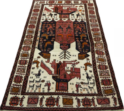 Surface texture of 1930s Baloch rug with natural Wool and intricate pattern