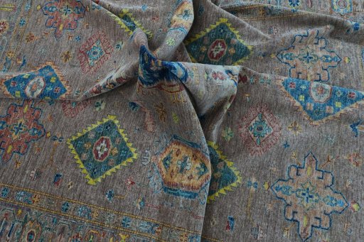 Full view of New Kazak rug from Pakistan, 305 × 252 cm in Brown tones