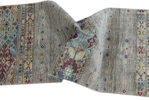 Full view of New Samarkand rug from Pakistan, 246 × 78 cm in Gray tones