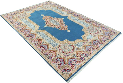 Close-up detail of 1970s Kerman rug from Iran / Persia showing Wool weave