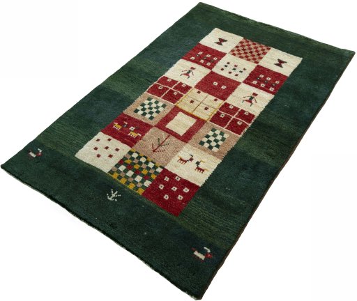 Corner detail of 2000s Persian Gabbeh rug showing border pattern and Wool pile