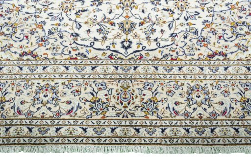 Full view of 2000s Kashan rug from Iran / Persia, 410 × 300 cm in Beige tones