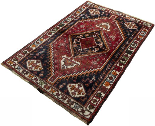 Corner detail of 2000s Shiraz rug showing border pattern and Wool pile